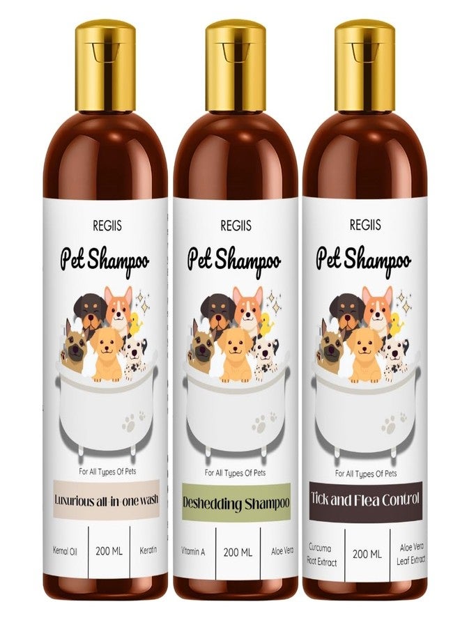 مجموعة شامبو ريجيس للحيوانات الأليفة، غسول شامل، لإزالة الشعر الزائد، تركيبة لمكافحة القراد والبراغيث، 200 مل، عبوة من 3 قطع - Image 1